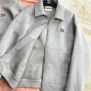 MIUMIU Women's Short Casual Long-Sleeve Jacket with Solid Color Letter Logo Embr